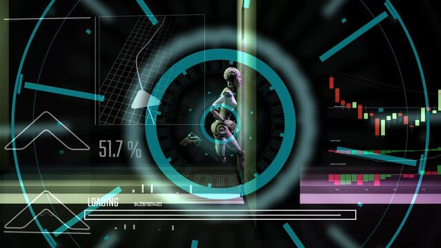 Artificial intelligence. Robot android runs over walls.. The camera follow humanoid with slide and motion graphic overlay animation scifi background loop able