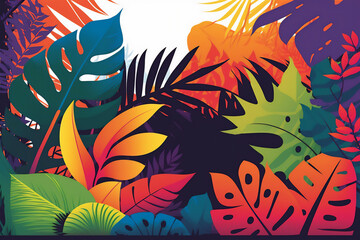  tropical party background with leaves and vibrant color, created with Generative AI