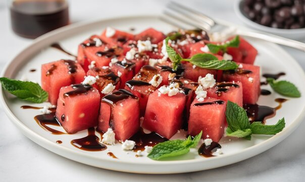  a plate of watermelon with mint and chocolate sauce.  generative ai