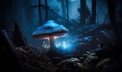  a mushroom in the middle of a forest with a light on it.  generative ai