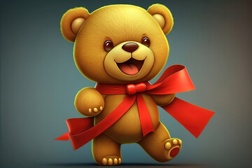 Happy teddy bear with red ribbon, illustration generative AI