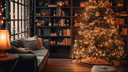 Christmas tree in living room. Illustration AI Generative.