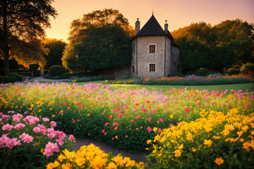 Flower garden, flowerbed close-up near old house, landscaping, beautiful nature in summer. Generative AI.