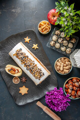 top view delicious biscuit roll on dark background pie cookie cake dessert tea sugar dough sweet fruit flower