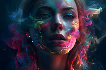 Magical colorful smoke coming out of a woman. Concept background. - obrazy, fototapety, plakaty