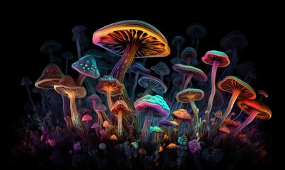  a bunch of mushrooms that are glowing in the dark night.  generative ai