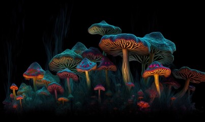  a group of mushrooms that are in the grass with a black background.  generative ai