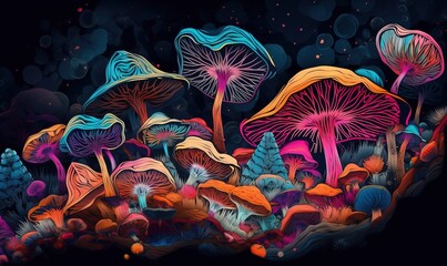 Fototapeta na wymiar a painting of a bunch of mushrooms in a field of grass. generative ai