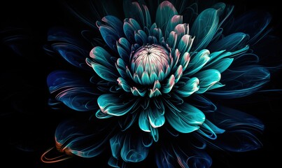 Fototapeta na wymiar a large flower with blue and pink petals on a black background. generative ai