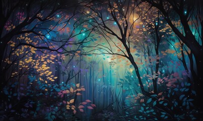 Obraz premium a painting of a forest filled with lots of trees and leaves. generative ai