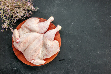 top view fresh chicken on dark-gray background cooking dish salad color bird barbecue food dinner