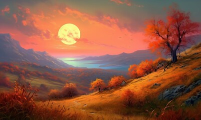  a painting of a sunset over a mountain with a tree.  generative ai