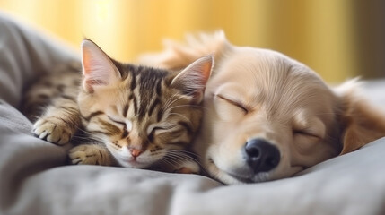 Cute sleeping cat and dog. Illustration AI Generative