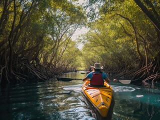 Fototapeta premium couple kayaking in a tranquil mangrove forest, generative ai