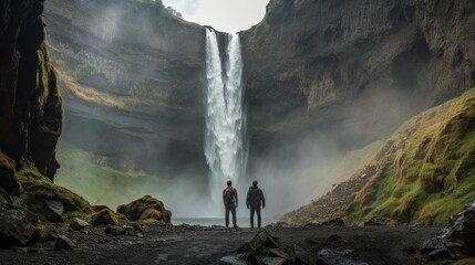 friends marveling at a majestic waterfall shot, generative ai