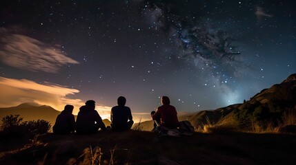 Fototapeta na wymiar group of friends star gazing in a remote wilderness, generative ai