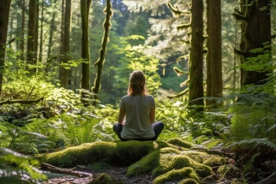 forest bathing woman enjoying the peace of a lush forest, generative ai