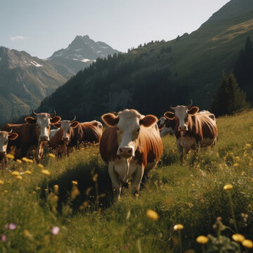 Cows in sunny meadow. Illustration AI Generative.
