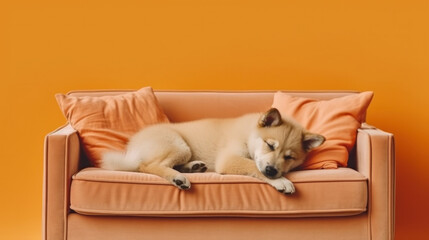 Cute dog sleeps on sofa. Illustration AI Generative.