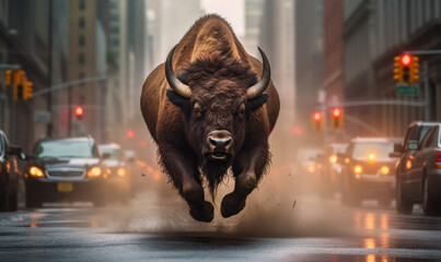 Buffalo, Bison, Wild in the City: A Fierce Buffalo Rampaging Through Urban Streets at Full Throttle.  Generative AI  - obrazy, fototapety, plakaty