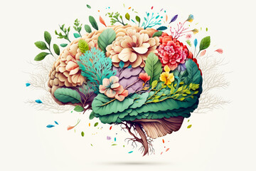 Human brain with spring colorful flowers. Concept of mental health, self care, happiness, harmony, positive thinking, creative mind. World Mental Health day. Generative ai. - obrazy, fototapety, plakaty
