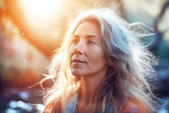 Portrait of mature woman with spiritual energy. Generative AI.