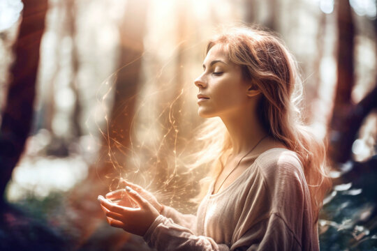 Portrait of spiritual woman healing energy in hands. 