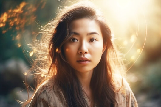 Portrait of spiritual Asian woman with aura and healing energy around her. Generative AI.