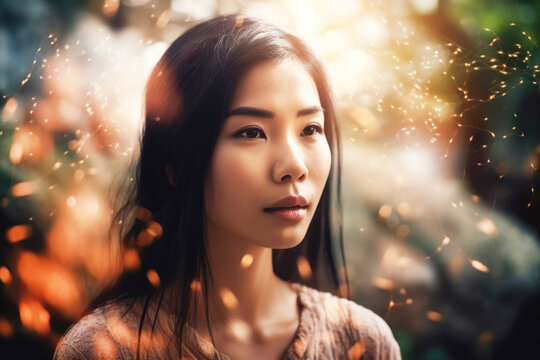 Portrait of spiritual Asian woman with aura and healing energy around her. Generative AI.