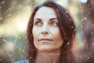 Portrait of spiritual woman with geometric light energy. Generative AI.