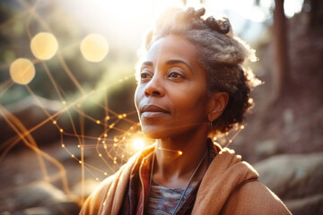 Portrait of black woman in nature with healing spirituality energy. Generative AI.