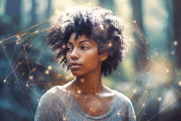 Portrait of black woman with geometric healing spiritual energy. Generative AI.