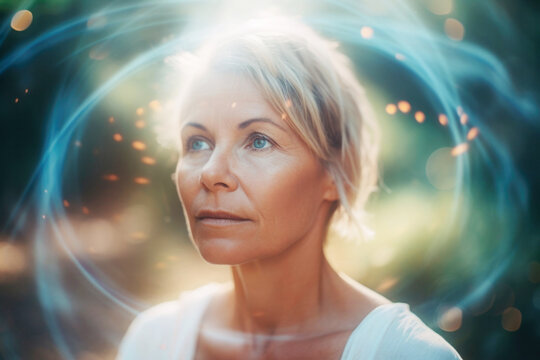 Portrait of spiritual woman with aura light energy circles. Generative AI.