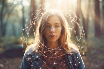 Portrait of spiritual woman with aura and healing energy around her. Generative AI.