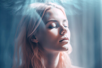 Woman meditating with spiritual energy aura around her. Generative AI.
