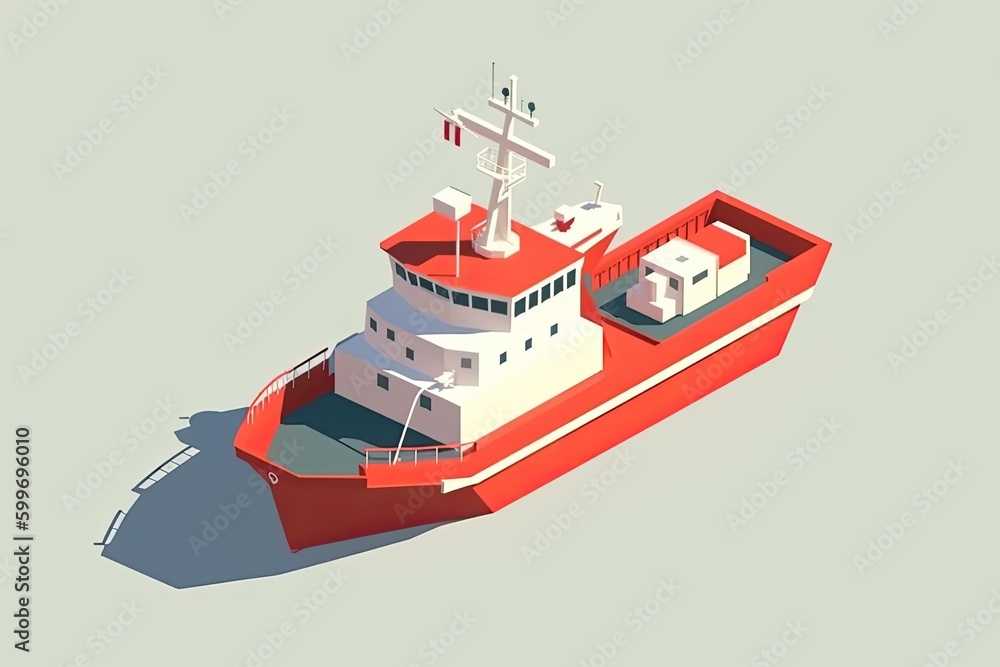 Poster red and white boat floating on calm waters Generative AI