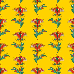 Seamless pattern of abstract flowers on a bright yellow background. Bright vibrant pattern.