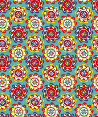 Seamless pattern of drawn decorative flowers in pop art style.