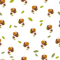 Seamless pattern of painted aspen mushrooms with a snail on a hat in a cartoon style for children's textiles and decor. With offset contour.