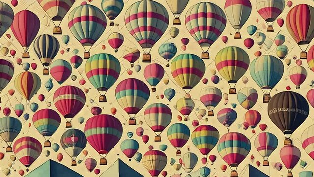 Vintage air balloons. Background with lot of colorful air balloons in retro style. Bright animation with illustrations transformations and metamorphose. AI generated video