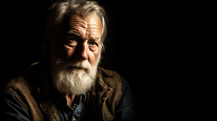 Portrait of Aging Irishman, gray hair and beard, tired and dirty, sits in a dim room. Warm light casts dramatic shadows, revealing a life well-lived. Generative AI