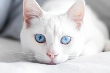 serene white cat with piercing blue eyes resting on a cozy bed Generative AI