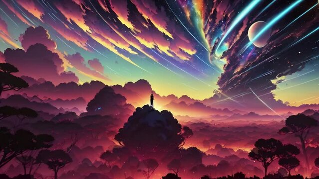 Futuristic cosmic animation with deep space, galaxy, and futuristic cityscape on planet. Bright cosmic animation with illustrations transformations and metamorphose. AI generated cinematic video