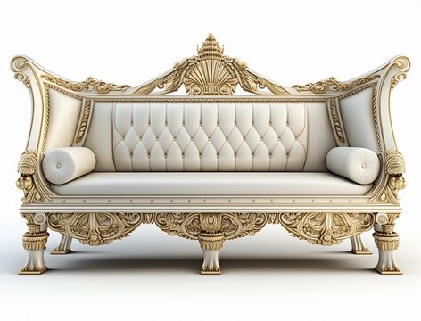 Luxury empire style white and gold sofa isolated on a white background. Generative ai couch idea