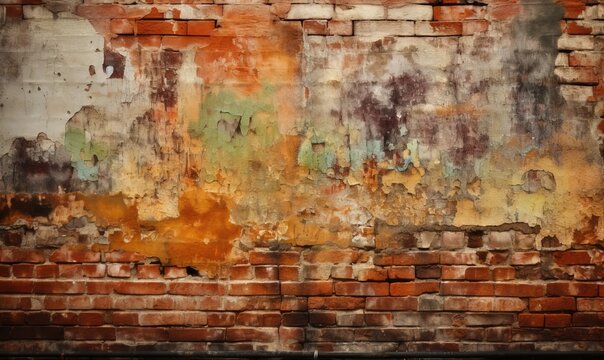  an old brick wall with peeling paint and a fire hydrant.  generative ai