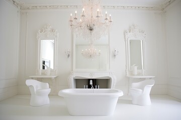 Fototapeta na wymiar luxurious white bathroom with a chandelier and a freestanding bathtub Generative AI