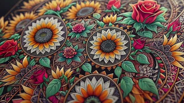 Vintage flowers animation with sunflowers. Floral background with lot of colorful flowers in retro style. Bright animation with illustrations transformations and metamorphose. AI generated video