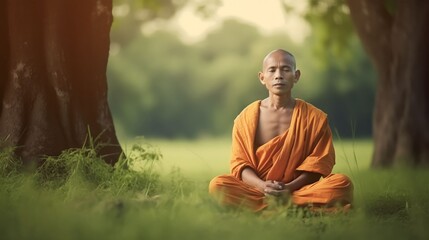 Portrait Buddhist monks praying and meditating, Generative AI