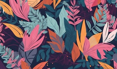  a bunch of different colored leaves on a blue and pink background.  generative ai