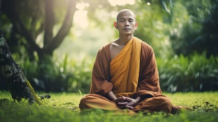 Portrait Buddhist monks praying and meditating, Generative AI